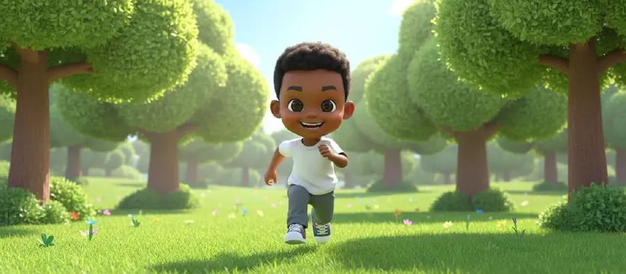 Un niño corre sonriente por la hierba de un parque lleno de árboles