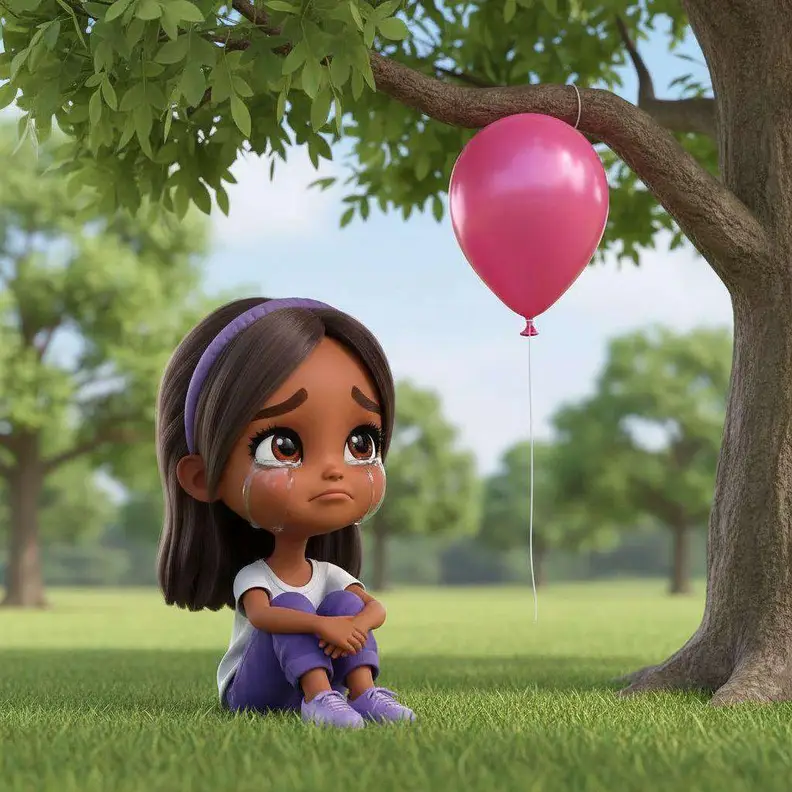 Una niña sentada en el césped llora mientras su globo rosa queda enganchado en la rama de un árbol