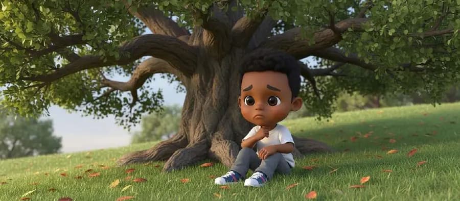 Un niño se sienta cabizbajo bajo un árbol grande en un parque en pendiente