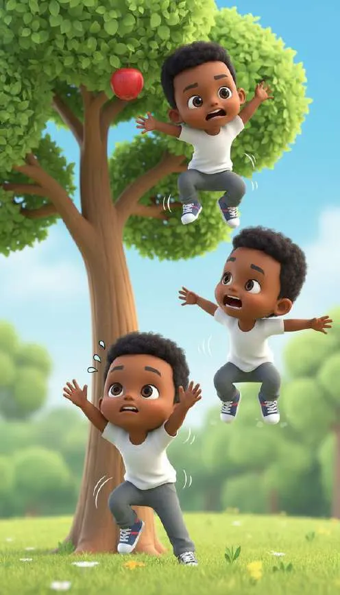 Un niño salta una y otra vez junto al árbol intentando alcanzar el globo enganchado en una rama