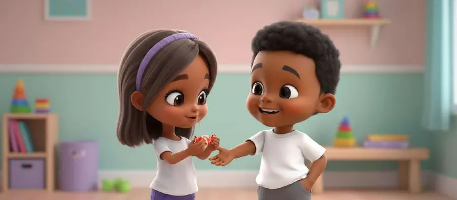 Un niño entrega un caramelo a una niña que sonríe, los dos de pie en el aula