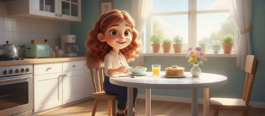 Lucía desayuna tortitas en la mesa redonda de la cocina, con la luz de la mañana entrando por la ventana