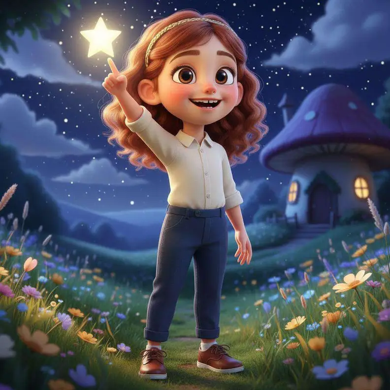 Lucía señala hacia arriba una estrella luminosa en un prado de flores bajo el cielo nocturno