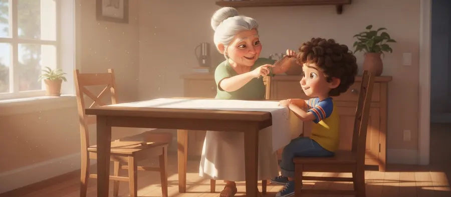 Abuela Meche le pasa el peine fino a Tadeo, sentado a la mesa del comedor
