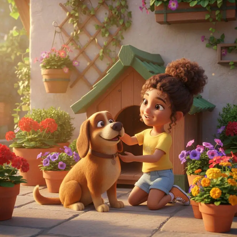Mariana acaricia a Coco, el perro de la familia, junto a su casita del patio