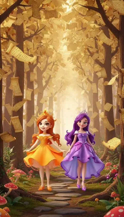 Dos princesas caminan por un sendero de un bosque cuyos árboles tienen hojas de pergamino colgando de las ramas