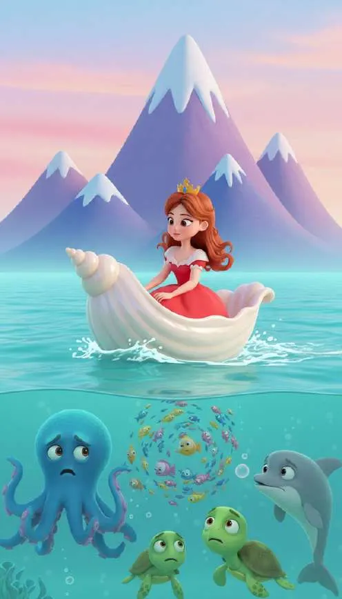 La princesa Coral navega sentada en una caracola gigante mientras un pulpo, unas tortugas y un delfín la miran preocupados desde debajo del agua