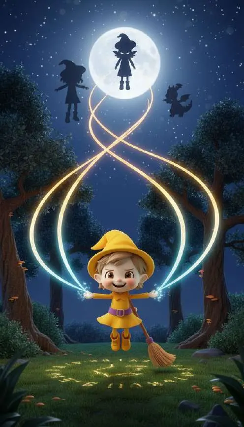 Chispa, la brujita de amarillo, lanza dos lazos de luz dorada hacia la luna, donde se recortan las siluetas de sus amigos