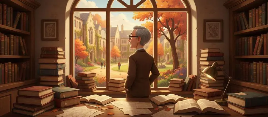 Un catedrático mayor mira por el ventanal de su despacho hacia un campus universitario en otoño, entre torres de libros y papeles apilados