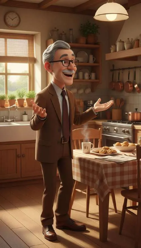 Un catedrático con traje marrón gesticula entusiasmado en la cocina de su casa, junto a una mesa puesta con café y galletas