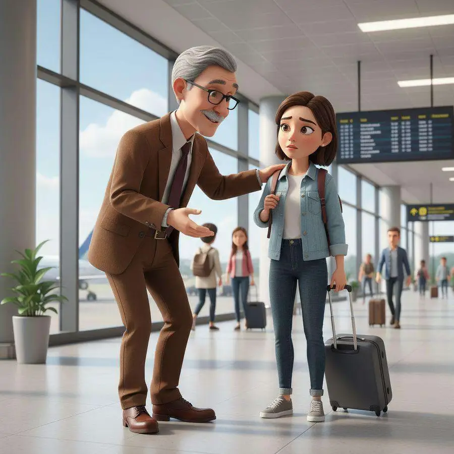 Un catedrático mayor se despide de su doctoranda en la terminal de un aeropuerto, ella con la mochila al hombro y la maleta en la mano