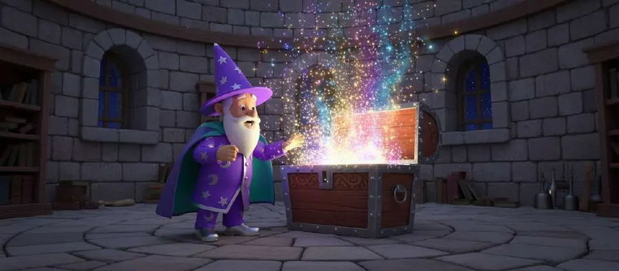 Un mago con túnica morada abre un cofre de madera del que sale un chorro de chispas de colores en una sala de piedra