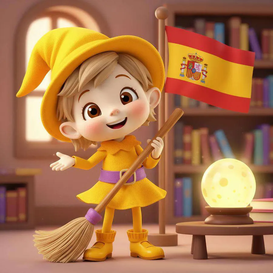 Una niña con sombrero y traje amarillos presenta la bandera de España en una habitación llena de libros