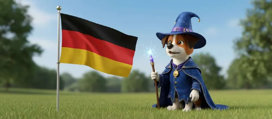 Un perro con capa y sombrero de mago sostiene una varita junto a la bandera de Alemania ondeando en un prado verde