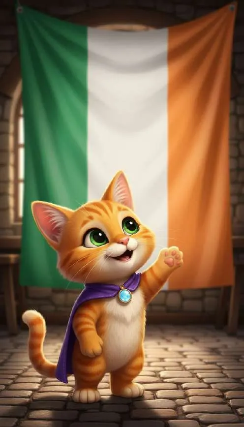 Un gato naranja con capa morada señala una gran bandera de Irlanda colgada de un muro de piedra