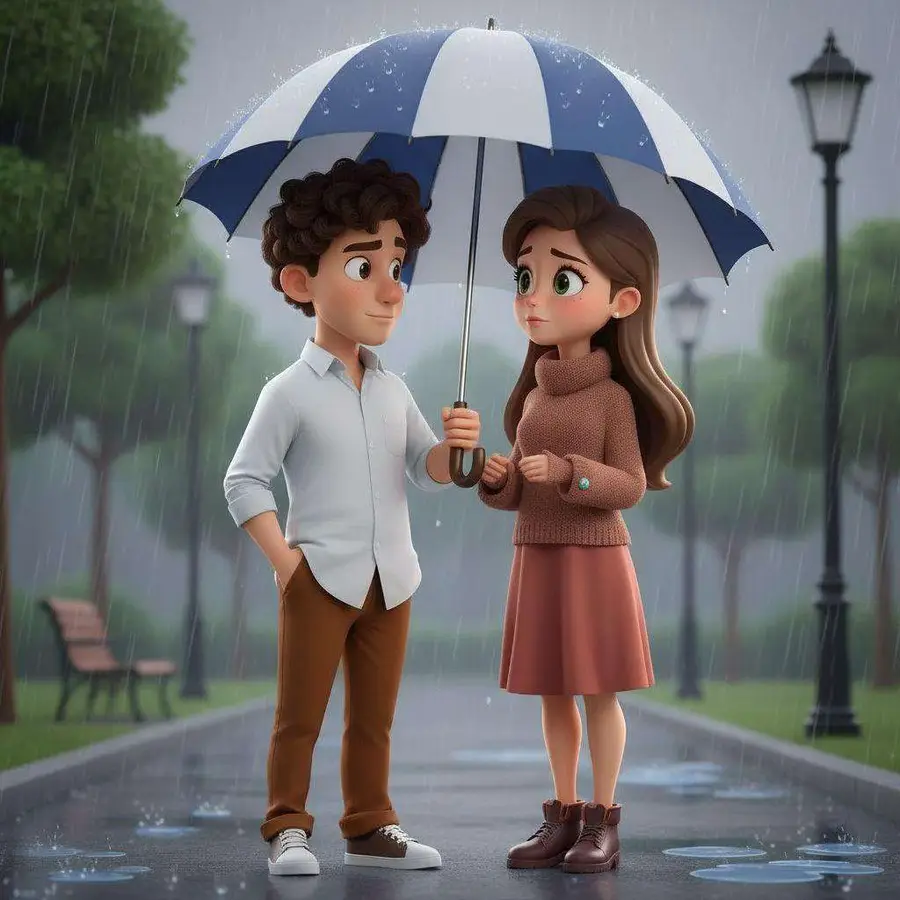 Aitana y Hugo, muy juntos bajo un paraguas azul y blanco, en un parque bajo la lluvia