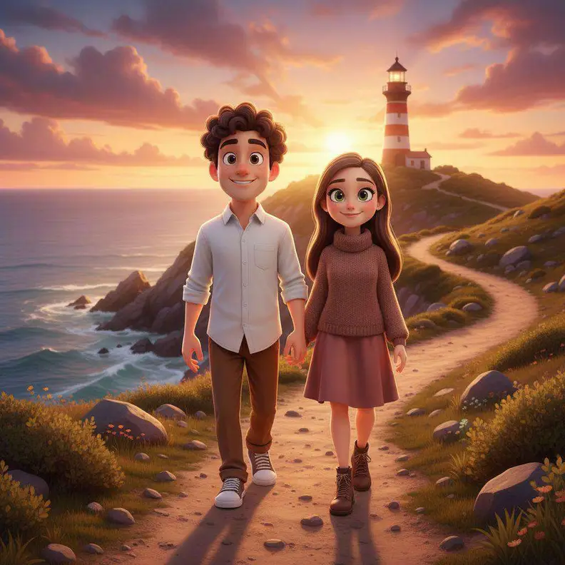Aitana y Hugo caminan de la mano por un sendero costero al atardecer, con un faro rojo y blanco al fondo
