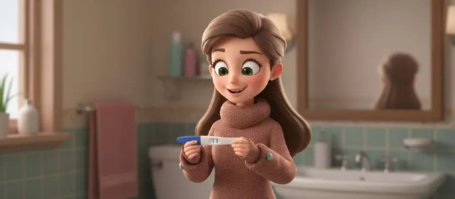 Aitana, de pie en el cuarto de baño, mira sonriendo el test de embarazo que sostiene entre las manos