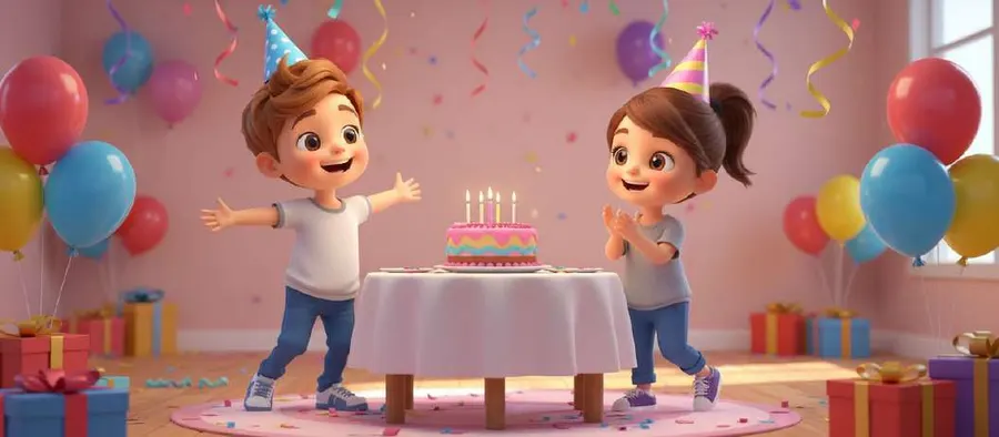 Antonio y Candela celebran su cumpleaños alrededor de una tarta con velas, entre globos, serpentinas y regalos