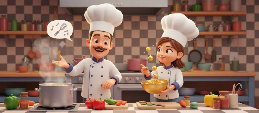 Adrián y Candela, con gorros de chef, preparan el potaje en una cocina de azulejos