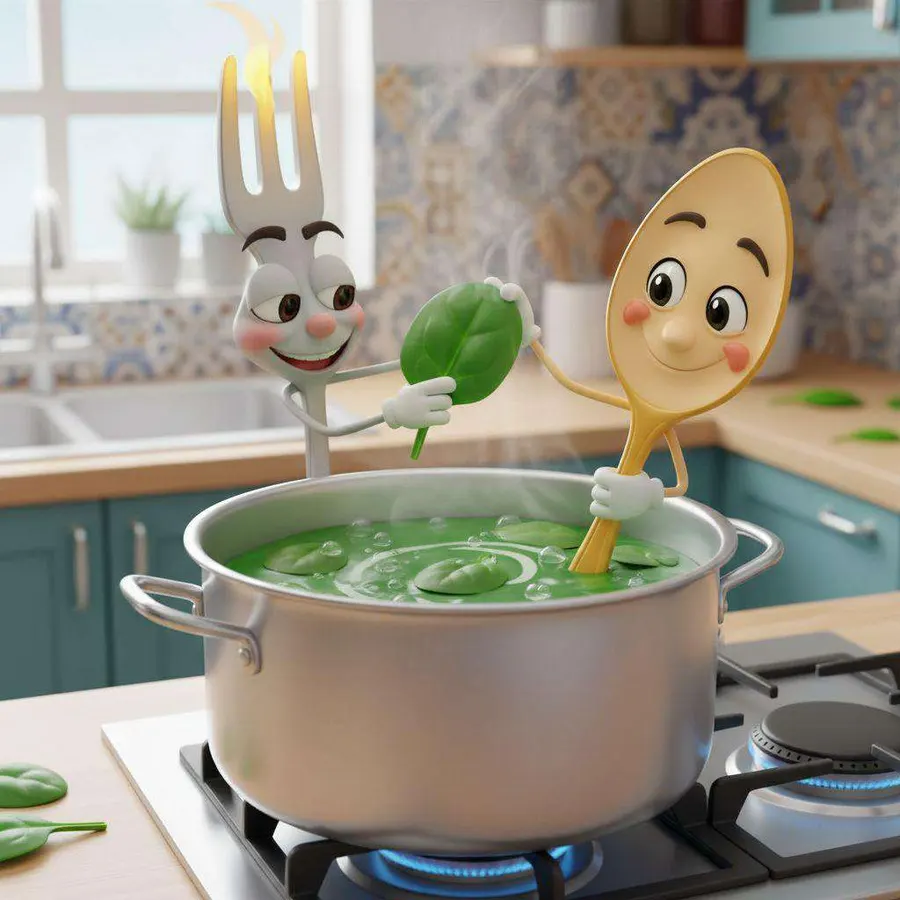 Fork sostiene una hoja de espinaca sobre la olla verde burbujeante mientras Spoon remueve