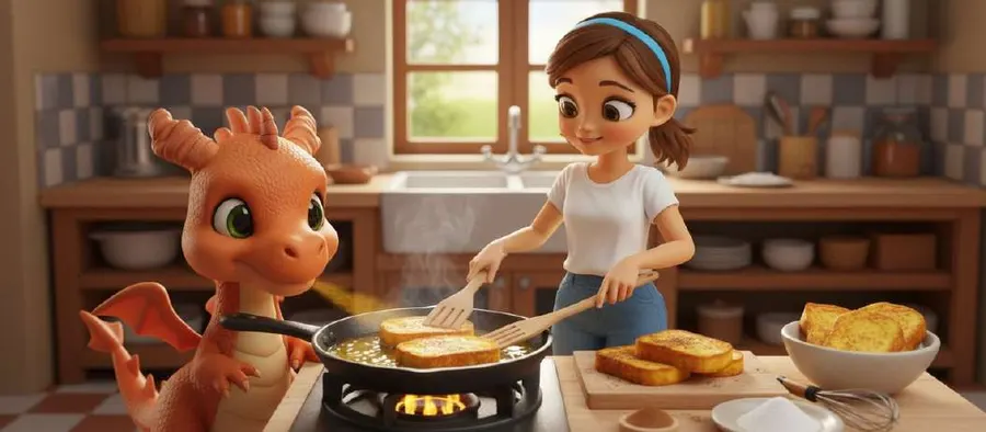 Flami sopla fuego bajo la sartén mientras Candela dora las torrijas junto a una fuente ya llena