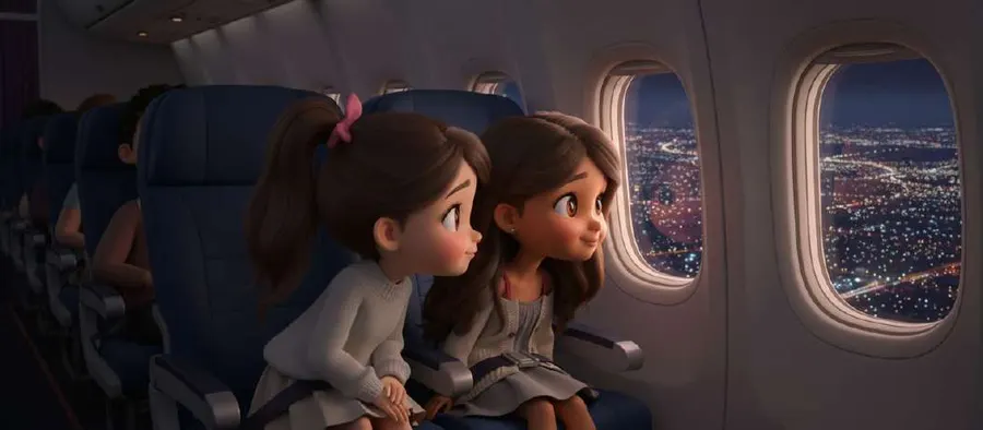Dos niñas miran por la ventanilla de un avión las luces de una gran ciudad de noche