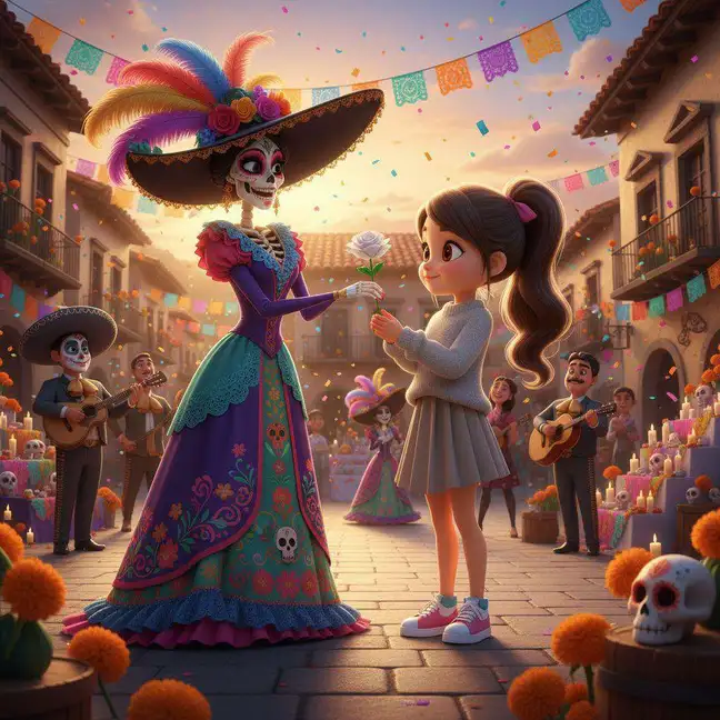 Una catrina de vestido azul y sombrero de plumas ofrece una rosa de papel a una niña en una plaza con mariachis y papel picado