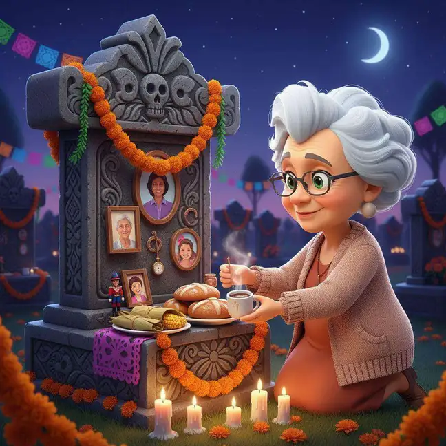 Una abuela deja una taza humeante y pan sobre una tumba adornada con flores naranjas y retratos, bajo una luna creciente