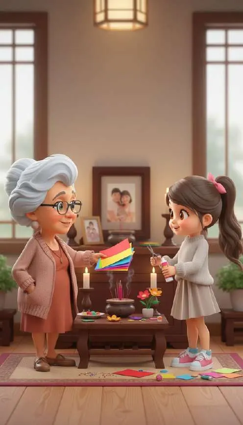 La abuela entrega papeles de colores a su nieta junto a una mesa con velas encendidas y recortes esparcidos por el suelo