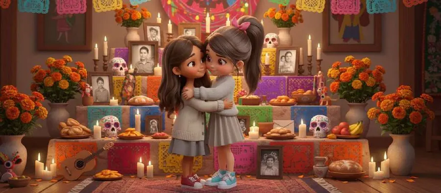 Dos niñas se abrazan frente a la ofrenda familiar terminada, llena de velas, retratos, pan y flores naranjas