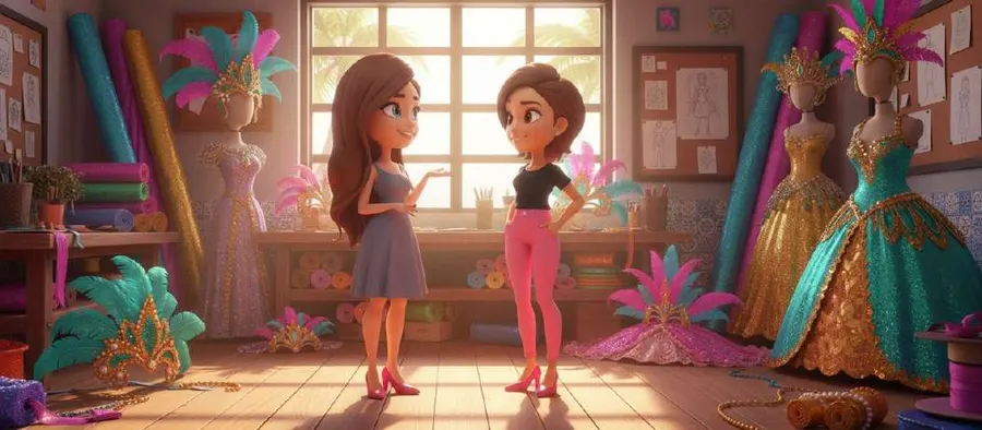 Dos jóvenes conversan junto a la ventana de un taller lleno de maniquíes con vestidos de carnaval y tocados de plumas