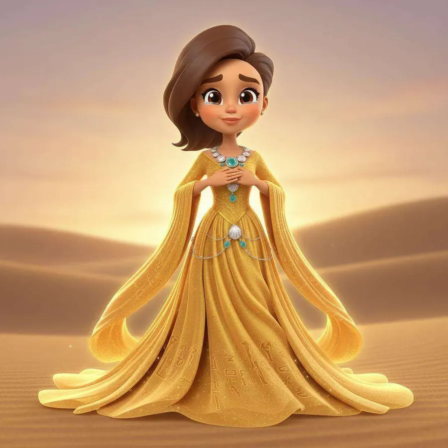 Una joven posa sobre las dunas al atardecer con un vestido dorado de mangas largas y un collar de conchas marinas