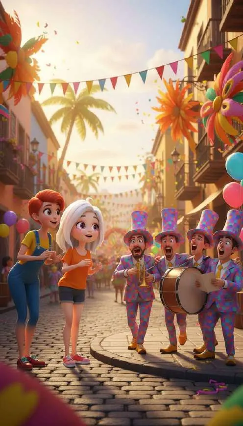 Una murga de músicos con levita y sombrero de copa toca por una calle empedrada bajo banderines y flores de papel
