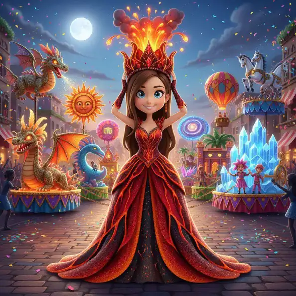 Una candidata avanza por el desfile con una corona en forma de volcán en erupción y un vestido rojo y negro de lava, entre carrozas iluminadas