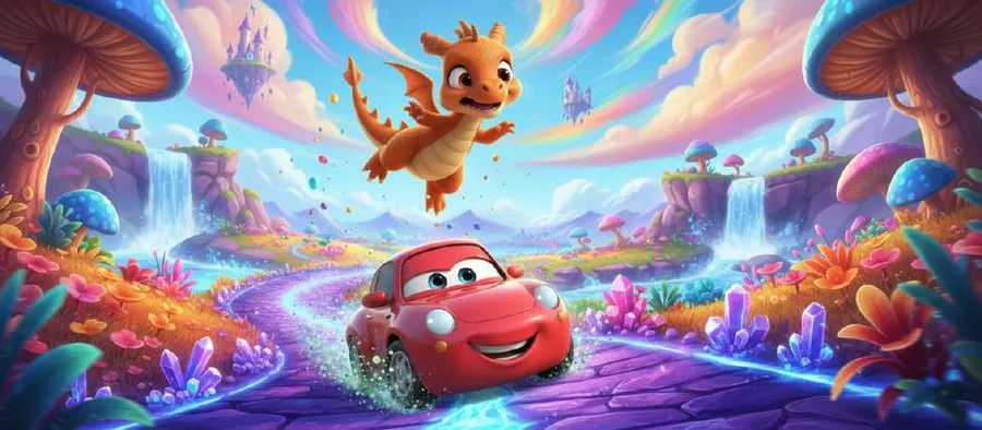 Un coche rojo con cara corre por un camino morado mientras un dragón naranja vuela sobre un paisaje de setas gigantes y cascadas