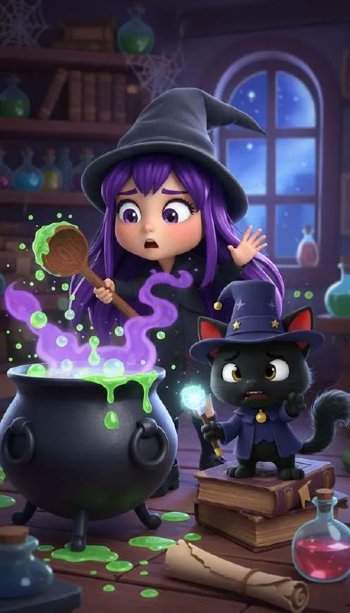 La brujita, asustada, remueve un caldero que se desborda de líquido morado junto a un gato negro con sombrero