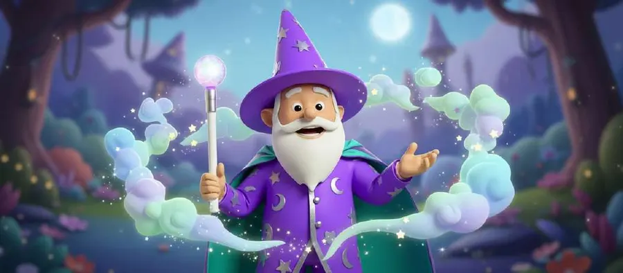 El mago, con túnica morada y varita, sopla nubes de vapor blanco en un bosque encantado