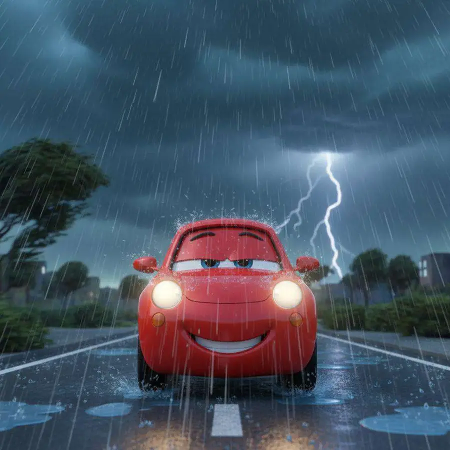 El coche rojo avanza tranquilo por una carretera mojada bajo la lluvia y un relámpago