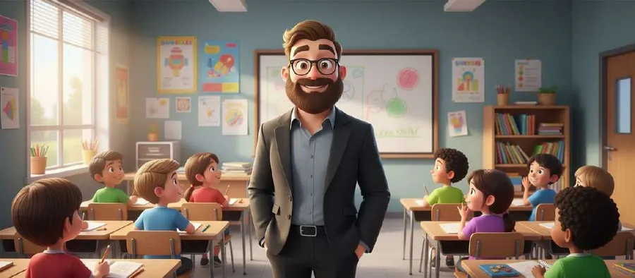 Un profesor con gafas y barba sonríe frente a su clase, con los alumnos sentados en pupitres junto a la ventana