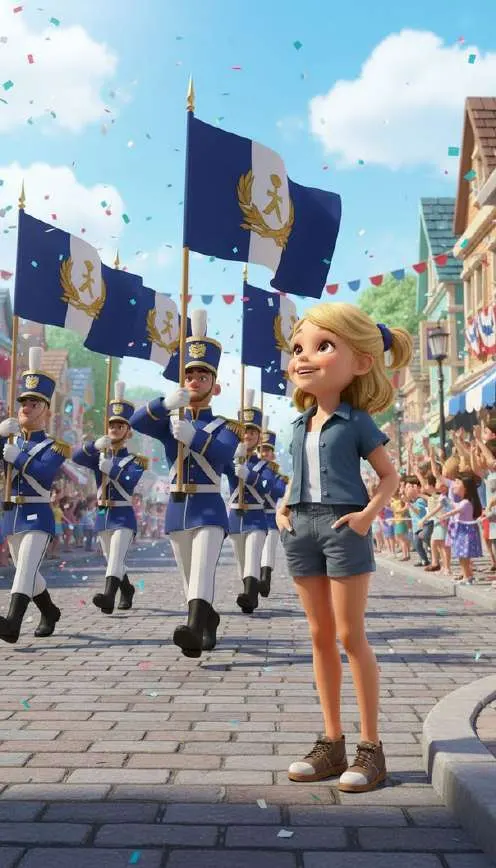 Una niña observa desfilar a soldados con uniforme azul que portan banderas celeste y blanco por una calle empedrada