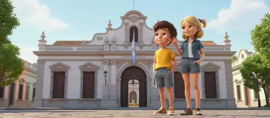 Dos niños posan ante la fachada blanca de la Casa de Tucumán, con su portada de columnas y su bandera