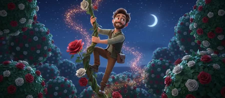 Romeo trepa por una parra de rosas hacia el balcón, con una estela de luz y la luna en cuarto creciente al fondo