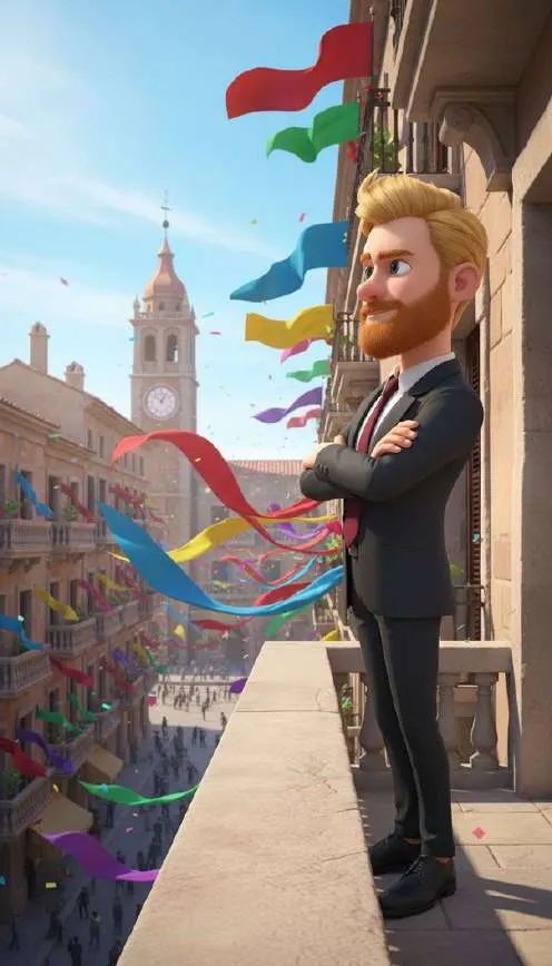 Mercucio, con traje oscuro y los brazos cruzados, observa la plaza de Verona desde un balcón entre banderas de colores