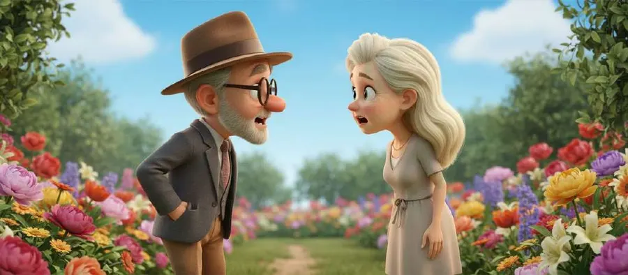El Señor Montesco y la Señora Capuleto se miran frente a frente en un jardín lleno de flores