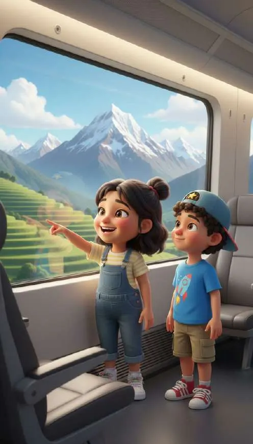Dos niños de pie en el pasillo de un tren señalan por la ventanilla unas terrazas de cultivo y una montaña nevada