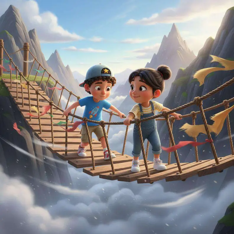 Dos niños cruzan agarrados de la mano un puente colgante de cuerdas y tablas sobre un mar de nubes, entre montañas