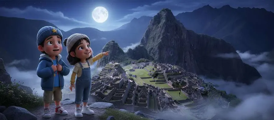 Dos niños con abrigo contemplan de noche las terrazas y las ruinas de Machu Picchu bajo la luna llena, con el pico del Huayna Picchu al fondo