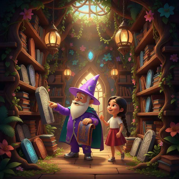 El mago muestra una tablilla grabada a una niña dentro de una biblioteca escondida en la selva, con estanterías de madera cubiertas de flores y lianas