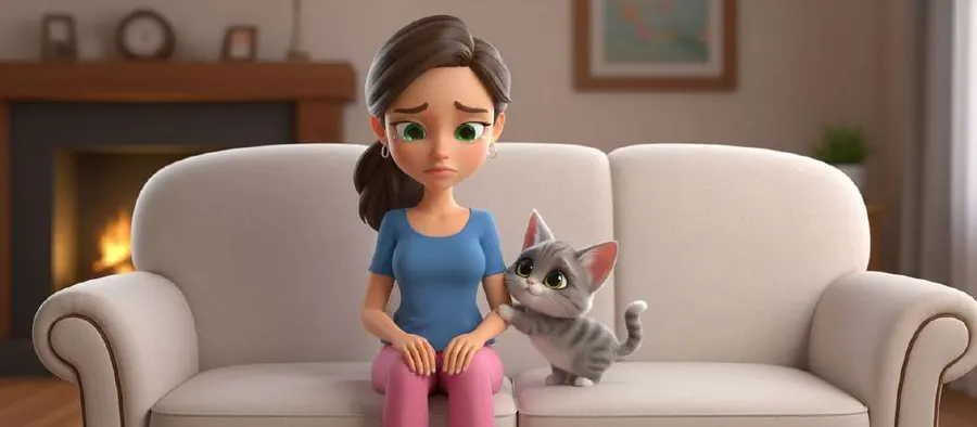 Valeria, sentada y triste en el sofá del salón, acaricia a su gato gris junto a la chimenea encendida